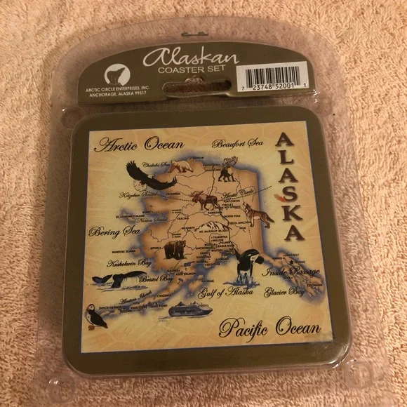 Alaska 8”x7” Metal Sculpture Plus NIP Alaska Coaster Set